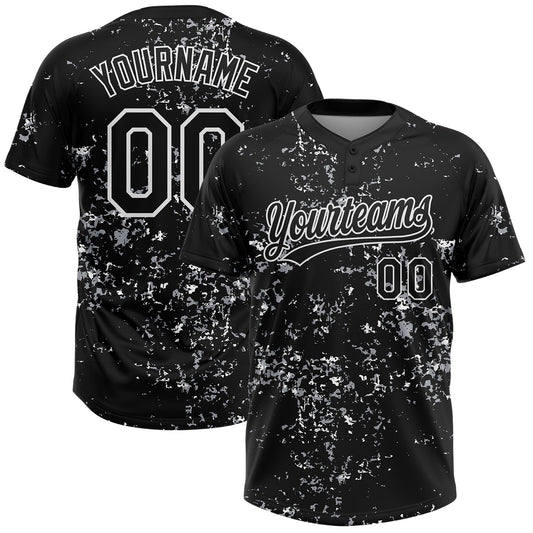 Custom Black White-Light Gray Abstract Shattered Paint Splatter Two-Button Unisex Softball Jersey