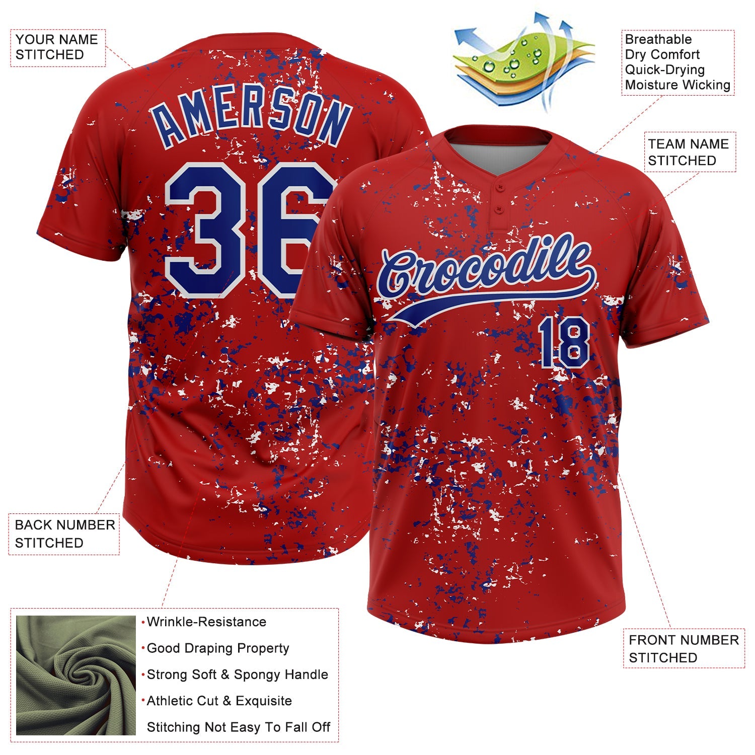 Custom Red Royal-White Abstract Shattered Paint Splatter Two-Button Unisex Softball Jersey