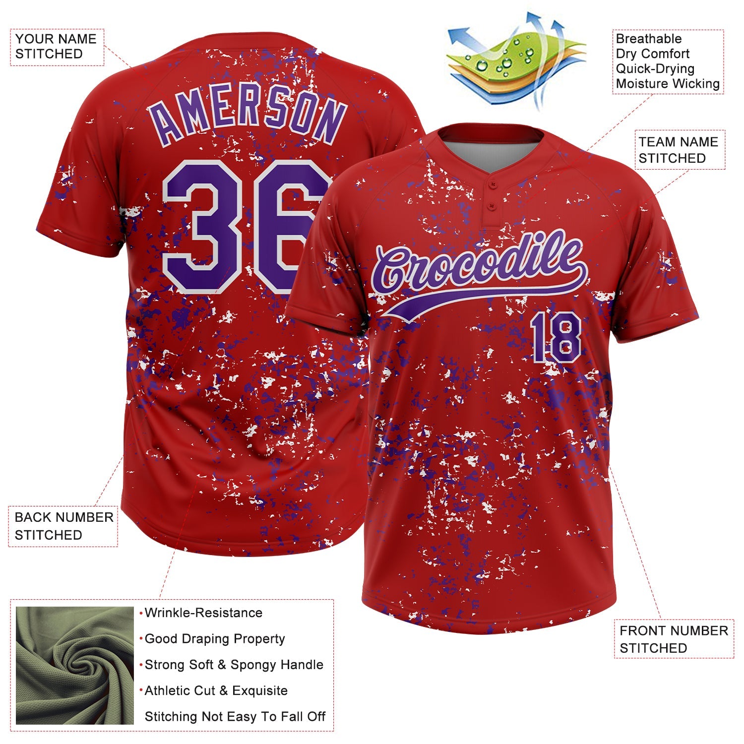 Custom Red Purple-White Abstract Shattered Paint Splatter Two-Button Unisex Softball Jersey