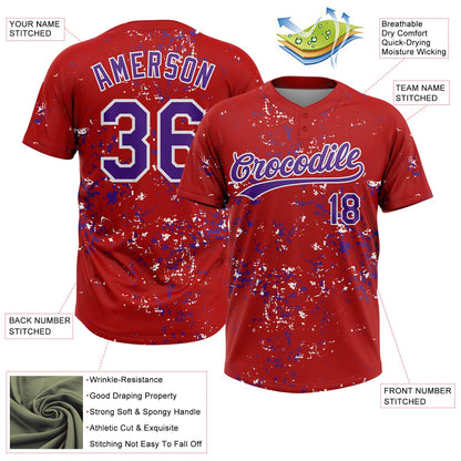 Custom Red Purple-White Abstract Shattered Paint Splatter Two-Button Unisex Softball Jersey