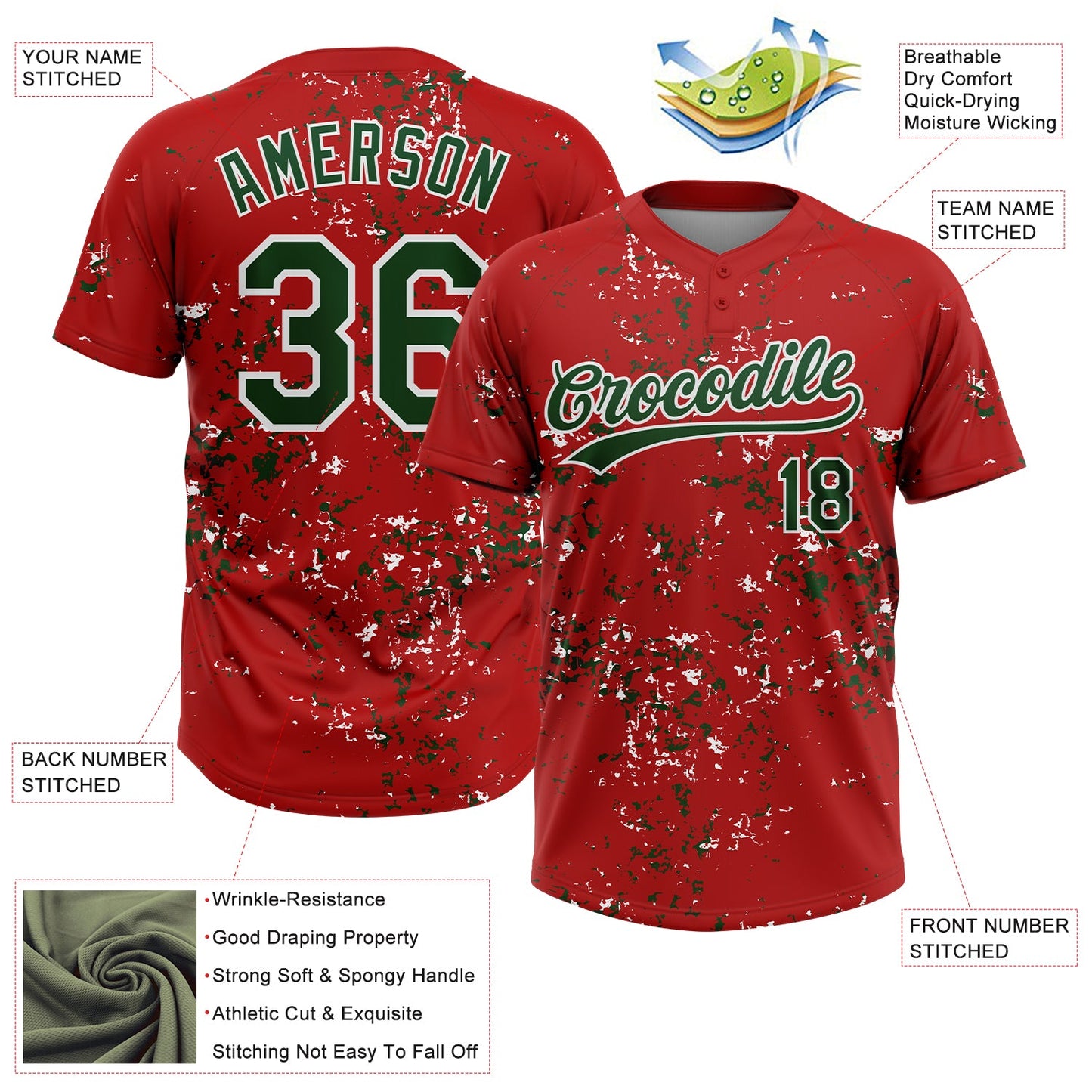 Custom Red Green-White Abstract Shattered Paint Splatter Two-Button Unisex Softball Jersey