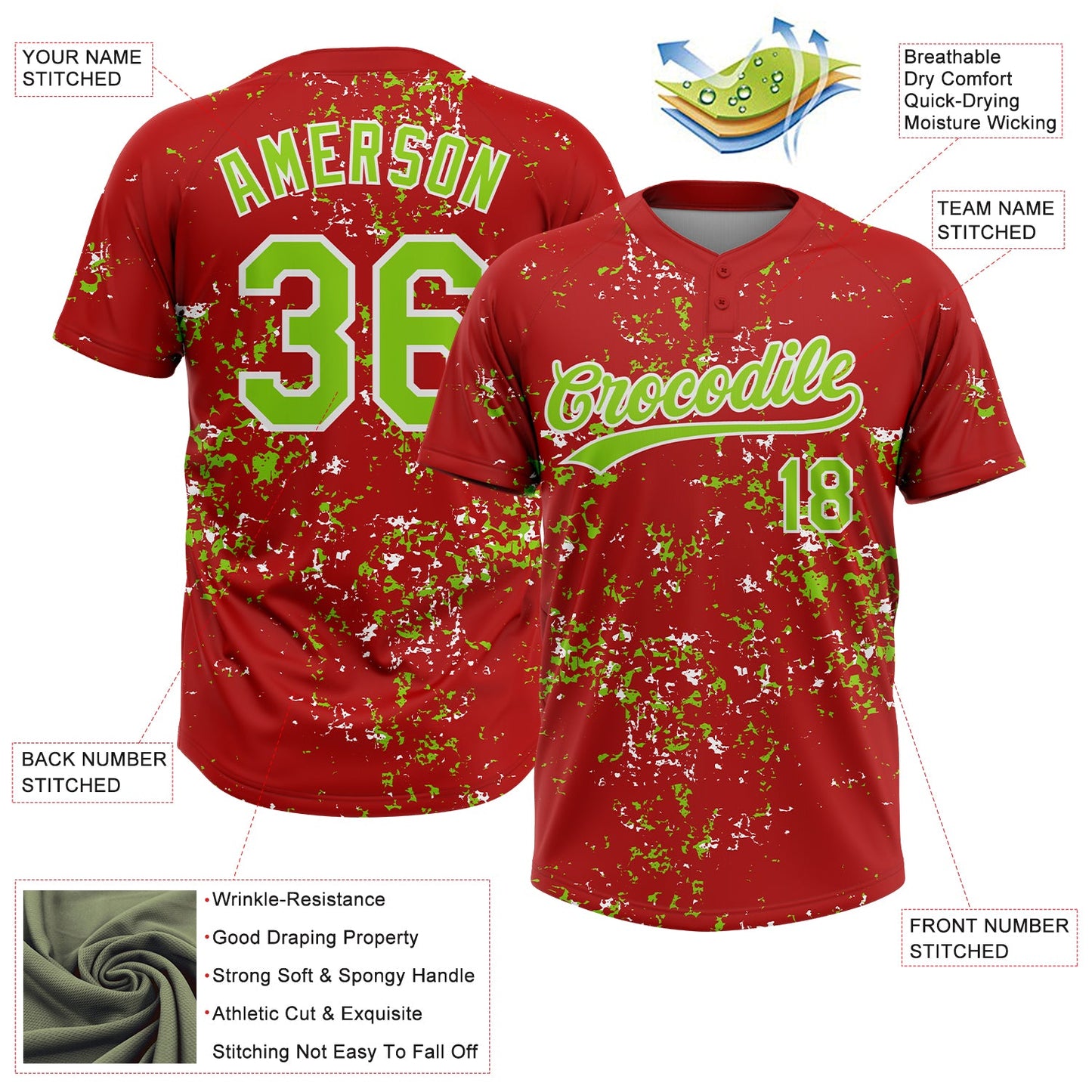 Custom Red Neon Green-White Abstract Shattered Paint Splatter Two-Button Unisex Softball Jersey