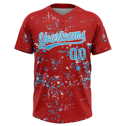 Custom Red Sky Blue-White Abstract Shattered Paint Splatter Two-Button Unisex Softball Jersey