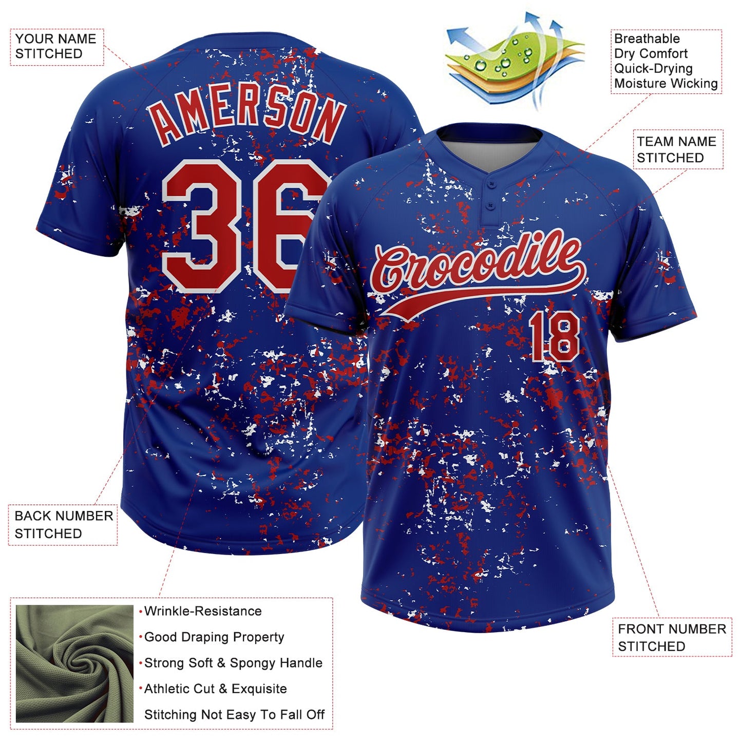 Custom Royal Red-White Abstract Shattered Paint Splatter Two-Button Unisex Softball Jersey