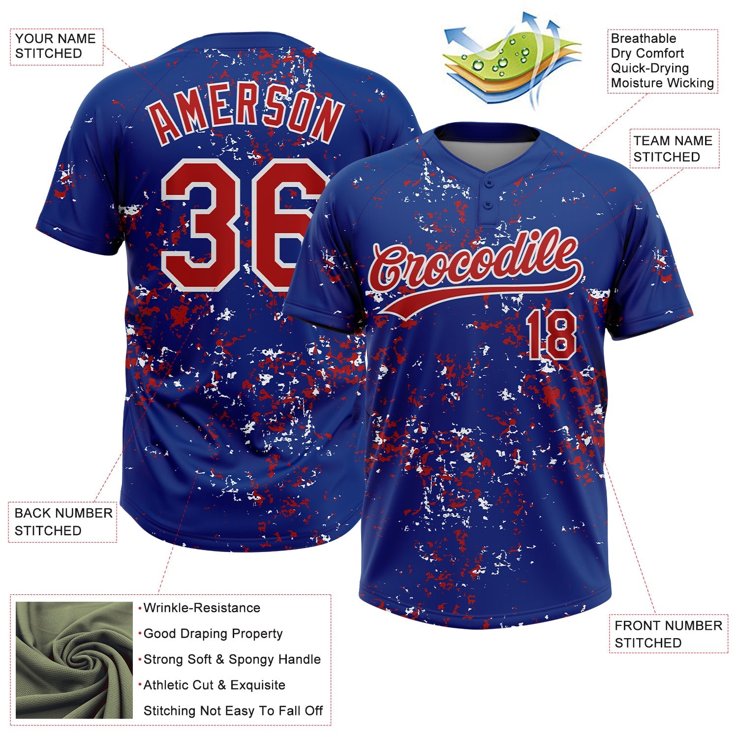 Custom Royal Red-White Abstract Shattered Paint Splatter Two-Button Unisex Softball Jersey