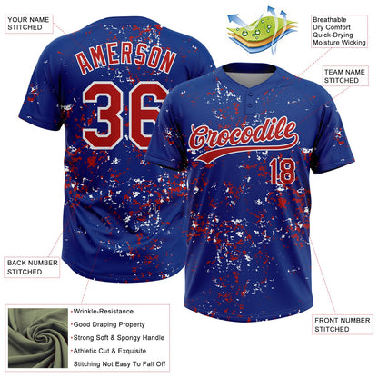 Custom Royal Red-White Abstract Shattered Paint Splatter Two-Button Unisex Softball Jersey