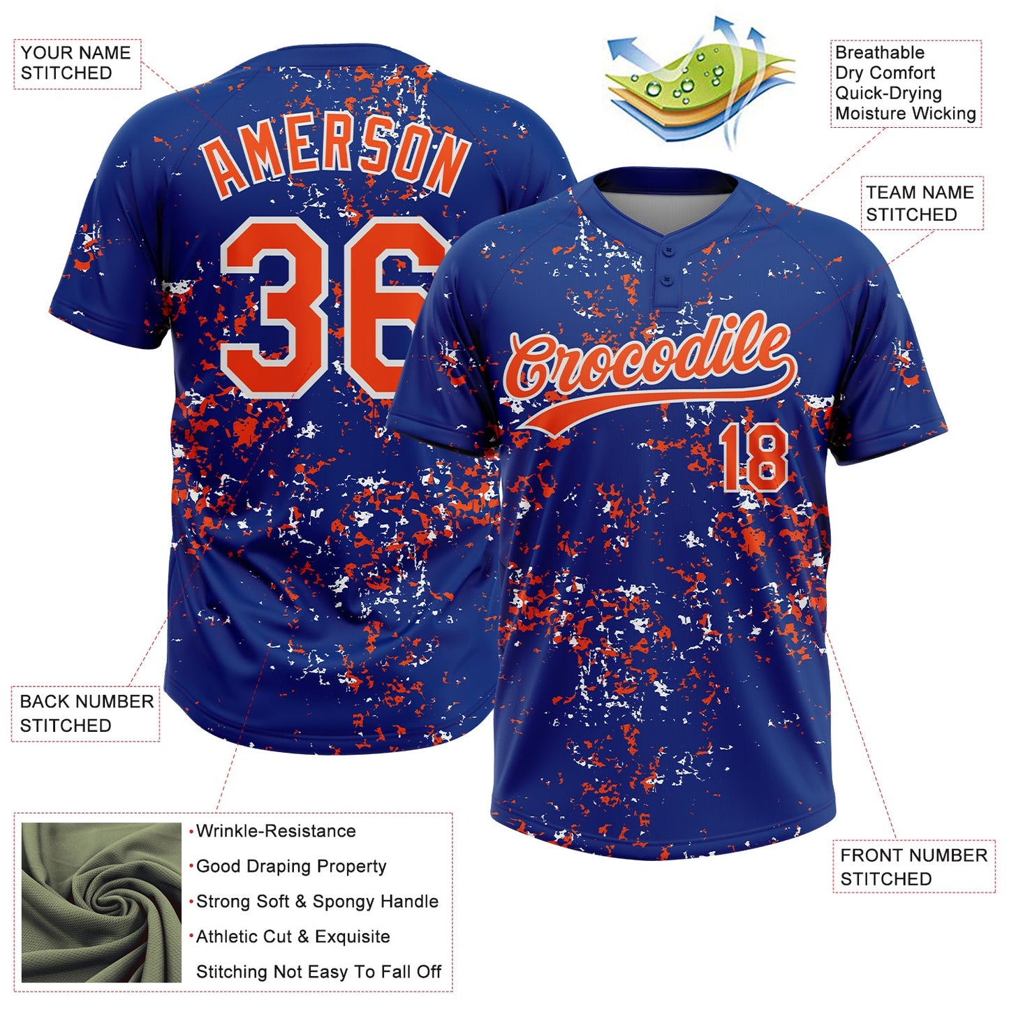 Custom Royal Orange-White Abstract Shattered Paint Splatter Two-Button Unisex Softball Jersey