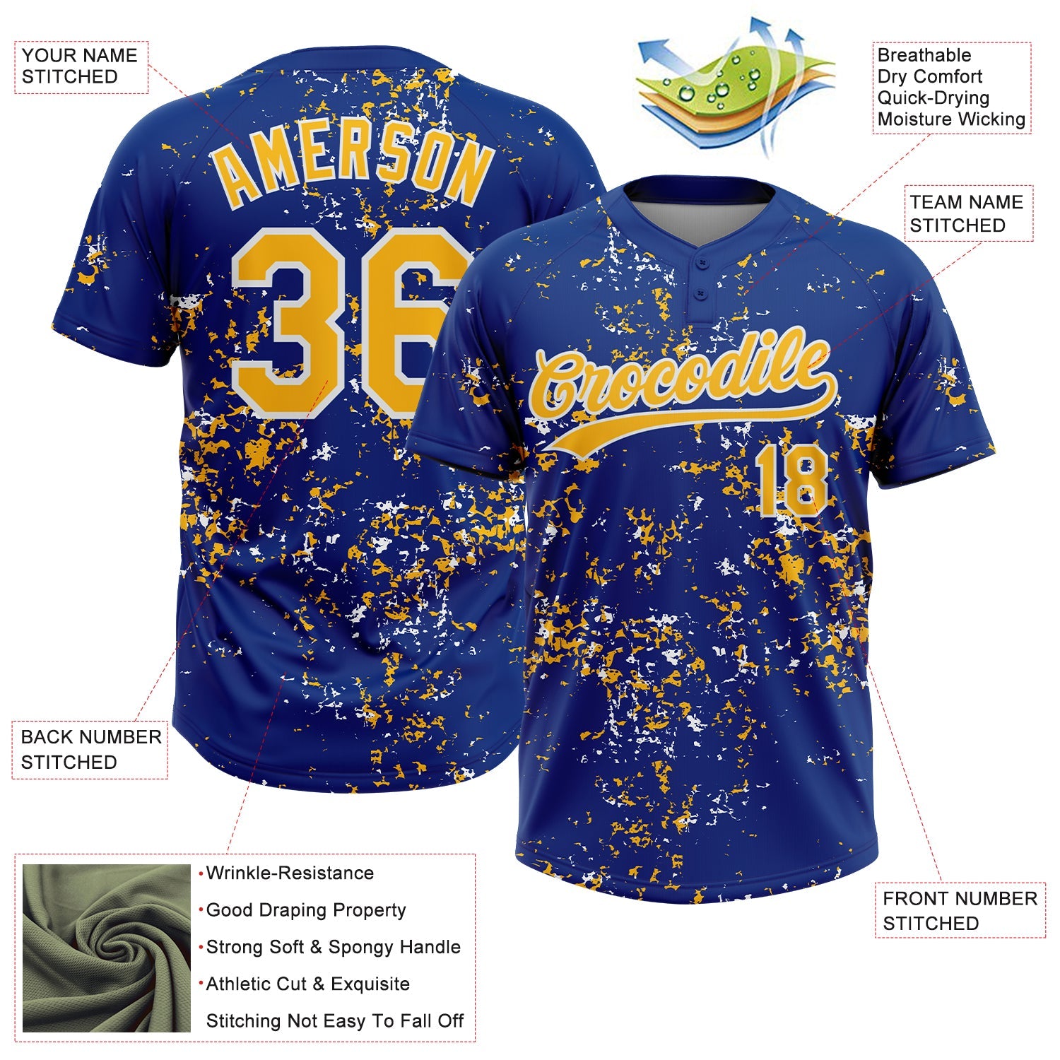 Custom Royal Gold-White Abstract Shattered Paint Splatter Two-Button Unisex Softball Jersey