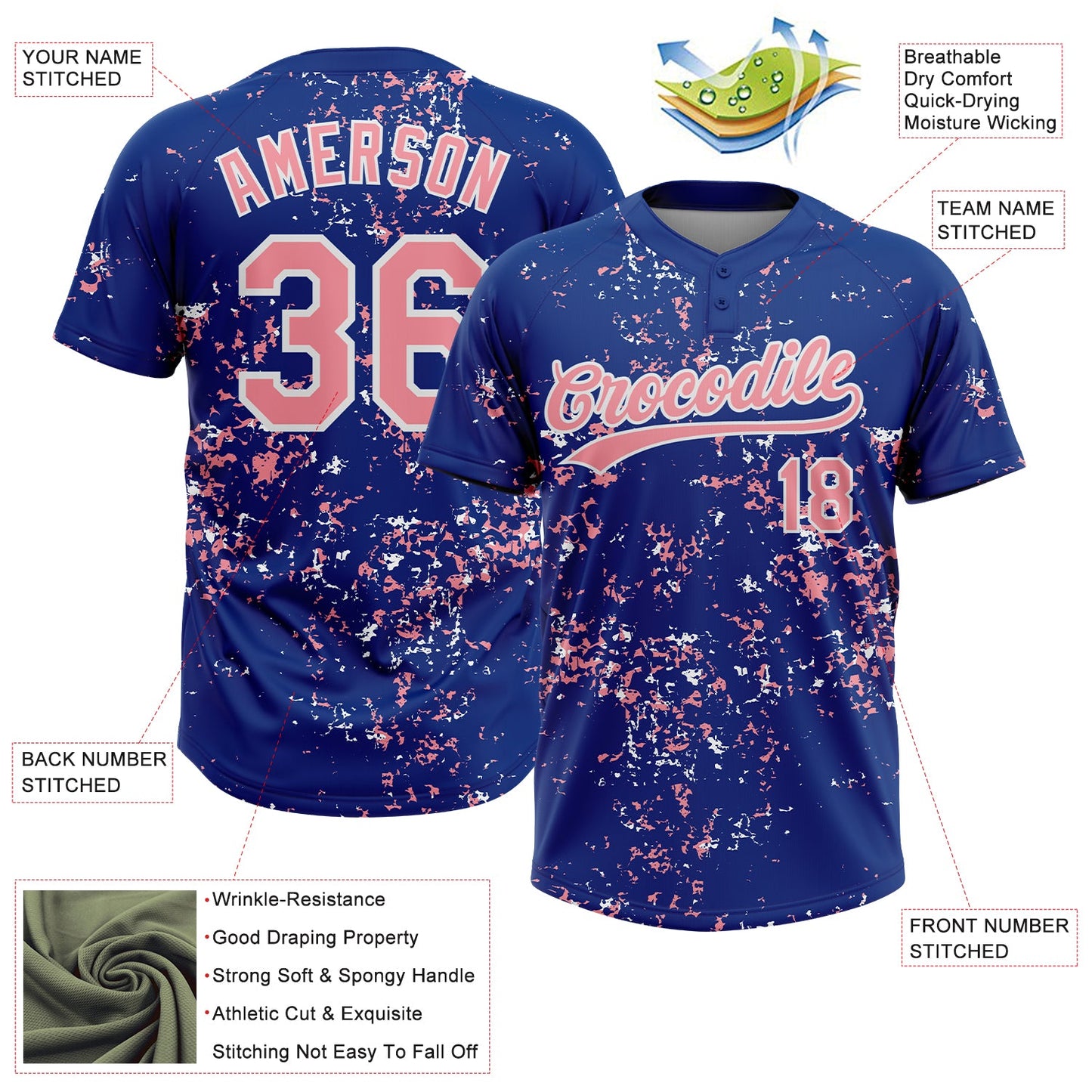 Custom Royal Medium Pink-White Abstract Shattered Paint Splatter Two-Button Unisex Softball Jersey
