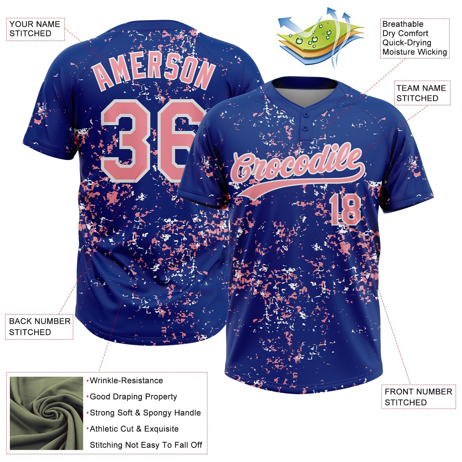 Custom Royal Medium Pink-White Abstract Shattered Paint Splatter Two-Button Unisex Softball Jersey