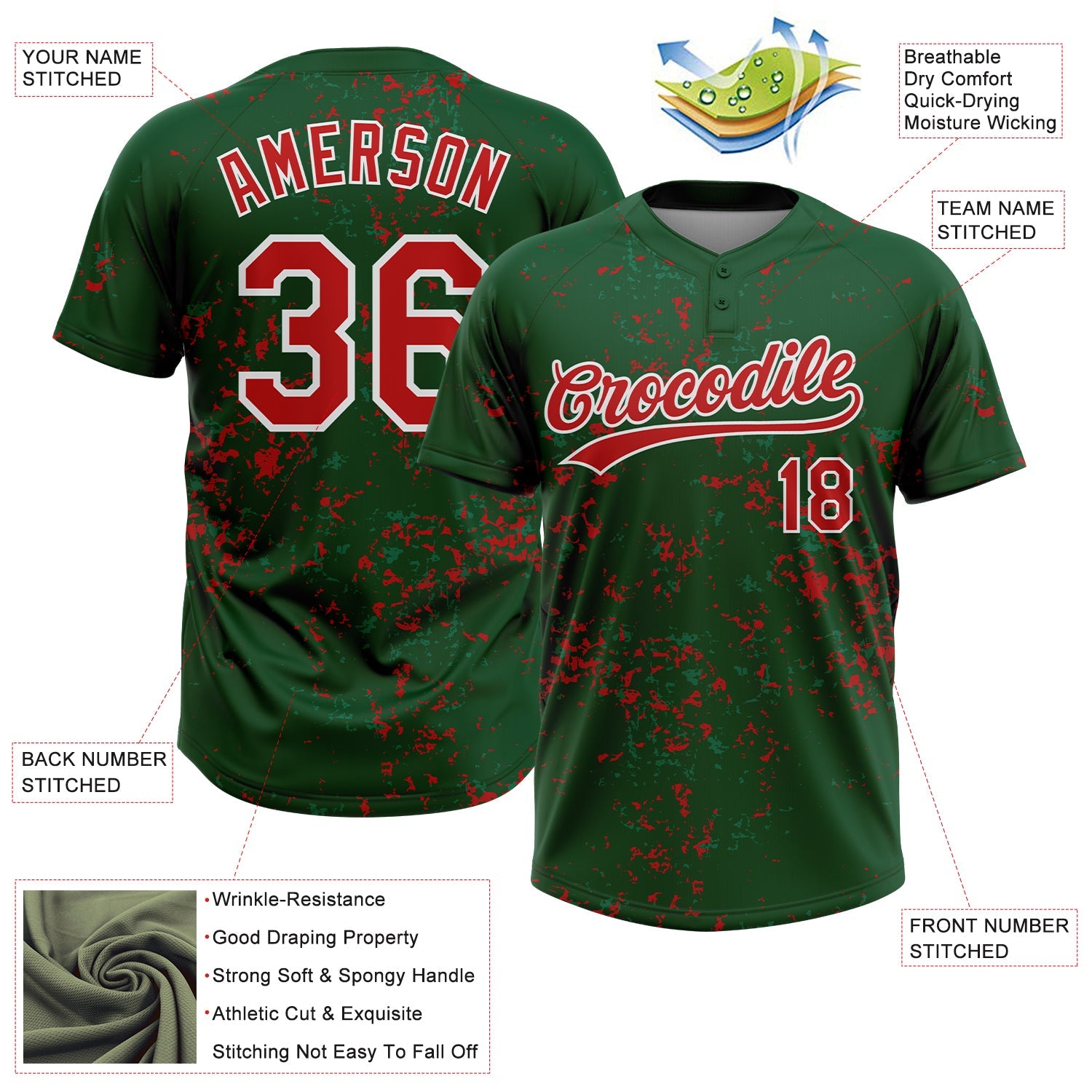 Custom Green Red Kelly Green-White Abstract Shattered Paint Splatter Two-Button Unisex Softball Jersey
