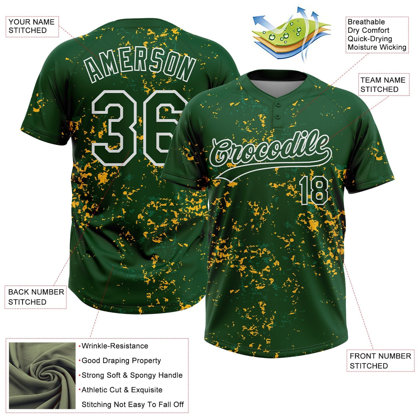 Custom Green Kelly Green Gold-White Abstract Shattered Paint Splatter Two-Button Unisex Softball Jersey