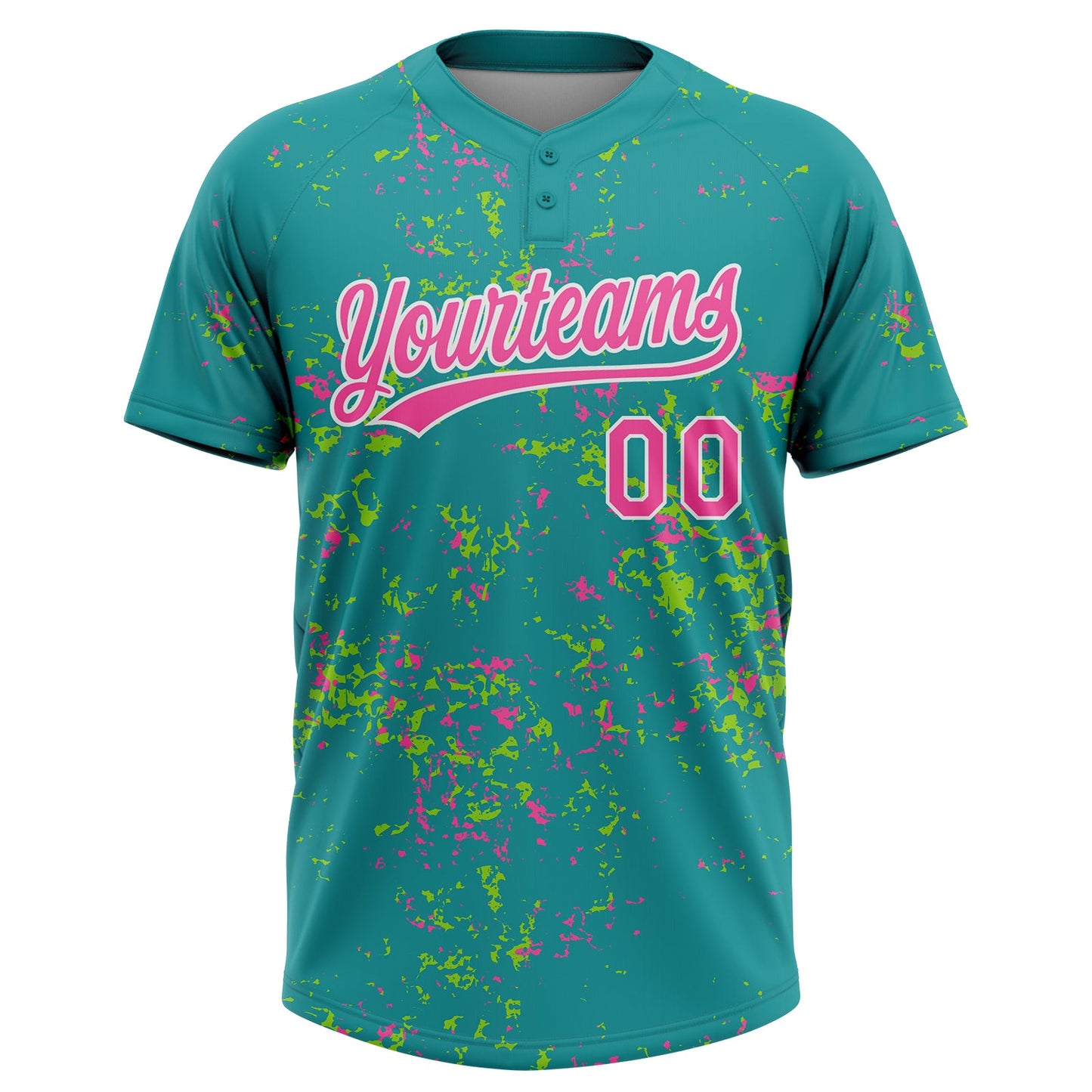 Custom Teal Pink Neon Green-White Abstract Shattered Paint Splatter Two-Button Unisex Softball Jersey