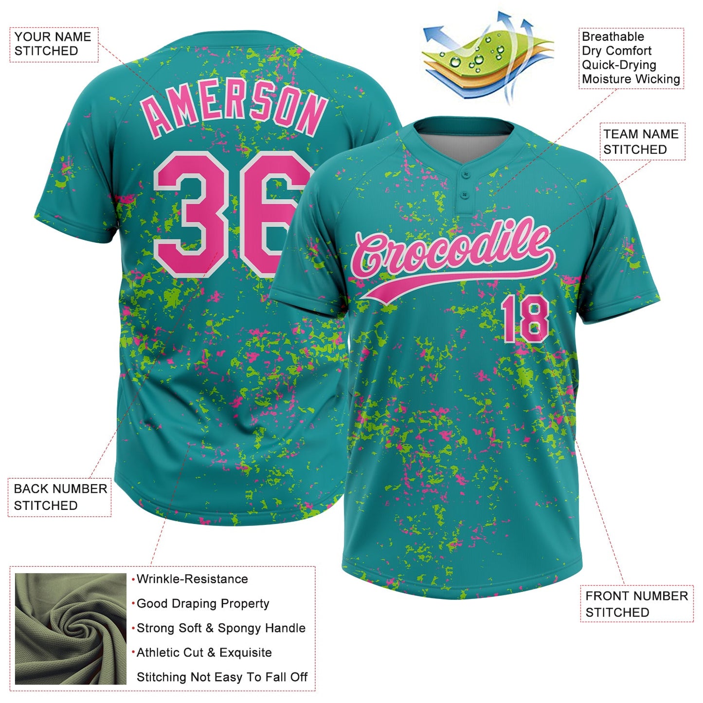 Custom Teal Pink Neon Green-White Abstract Shattered Paint Splatter Two-Button Unisex Softball Jersey