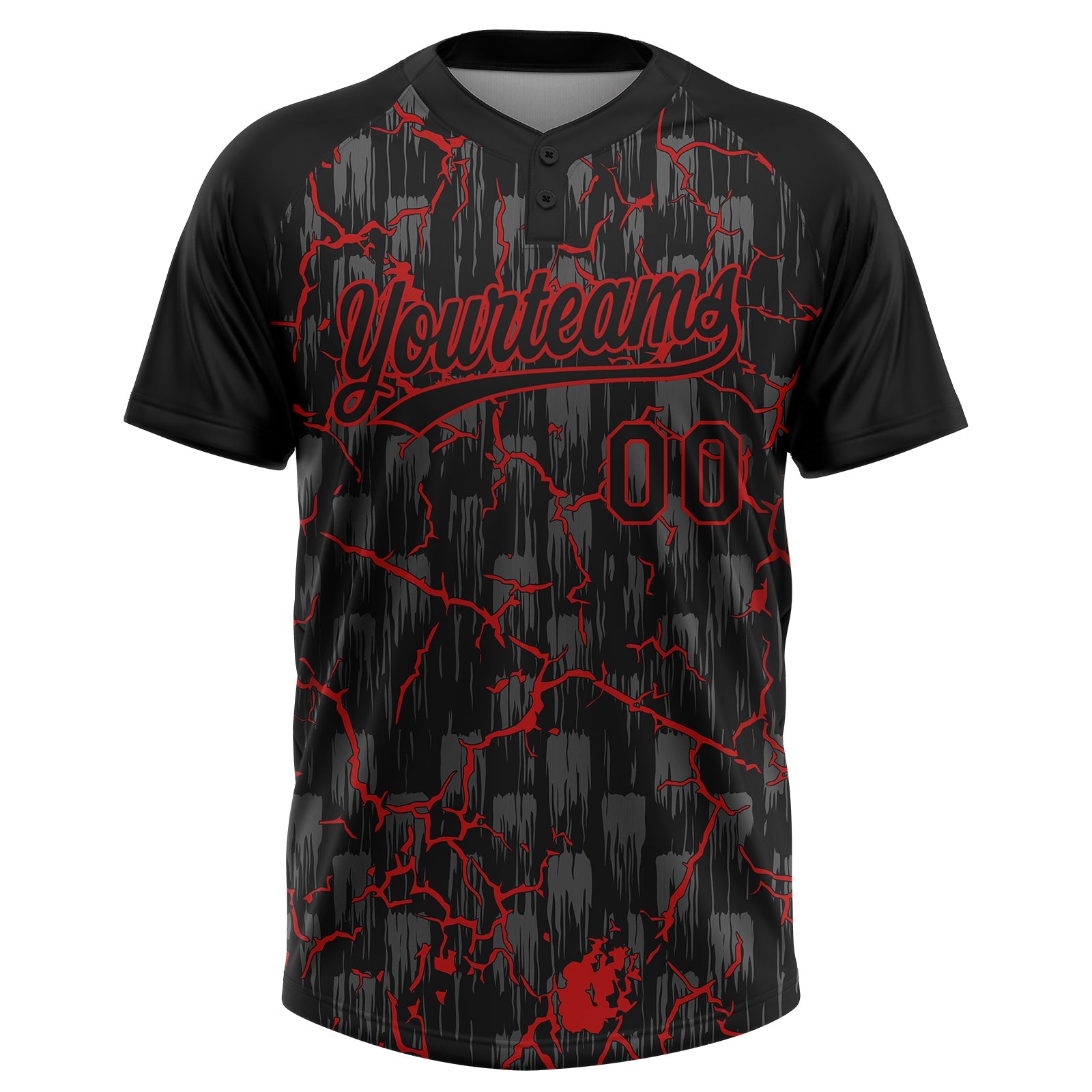 Custom Black Red-Gray Raglan Sleeves Neon Lightning Crackle Two-Button Unisex Softball Jersey