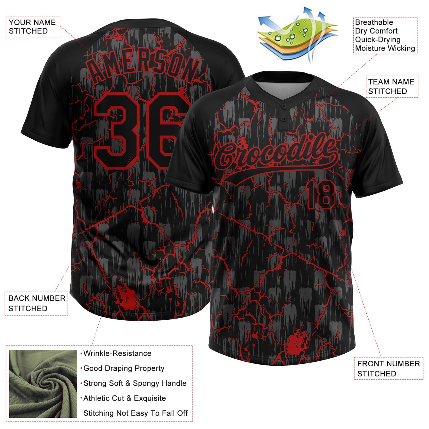Custom Black Red-Gray Raglan Sleeves Neon Lightning Crackle Two-Button Unisex Softball Jersey