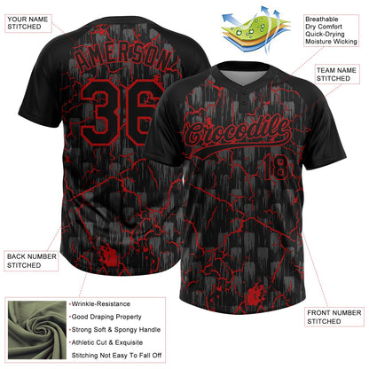 Custom Black Red-Gray Raglan Sleeves Neon Lightning Crackle Two-Button Unisex Softball Jersey