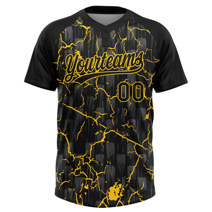 Custom Black Yellow-Gray Raglan Sleeves Neon Lightning Crackle Two-Button Unisex Softball Jersey