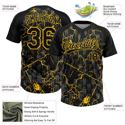 Custom Black Yellow-Gray Raglan Sleeves Neon Lightning Crackle Two-Button Unisex Softball Jersey