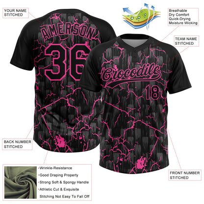 Custom Black Pink-Gray Raglan Sleeves Neon Lightning Crackle Two-Button Unisex Softball Jersey