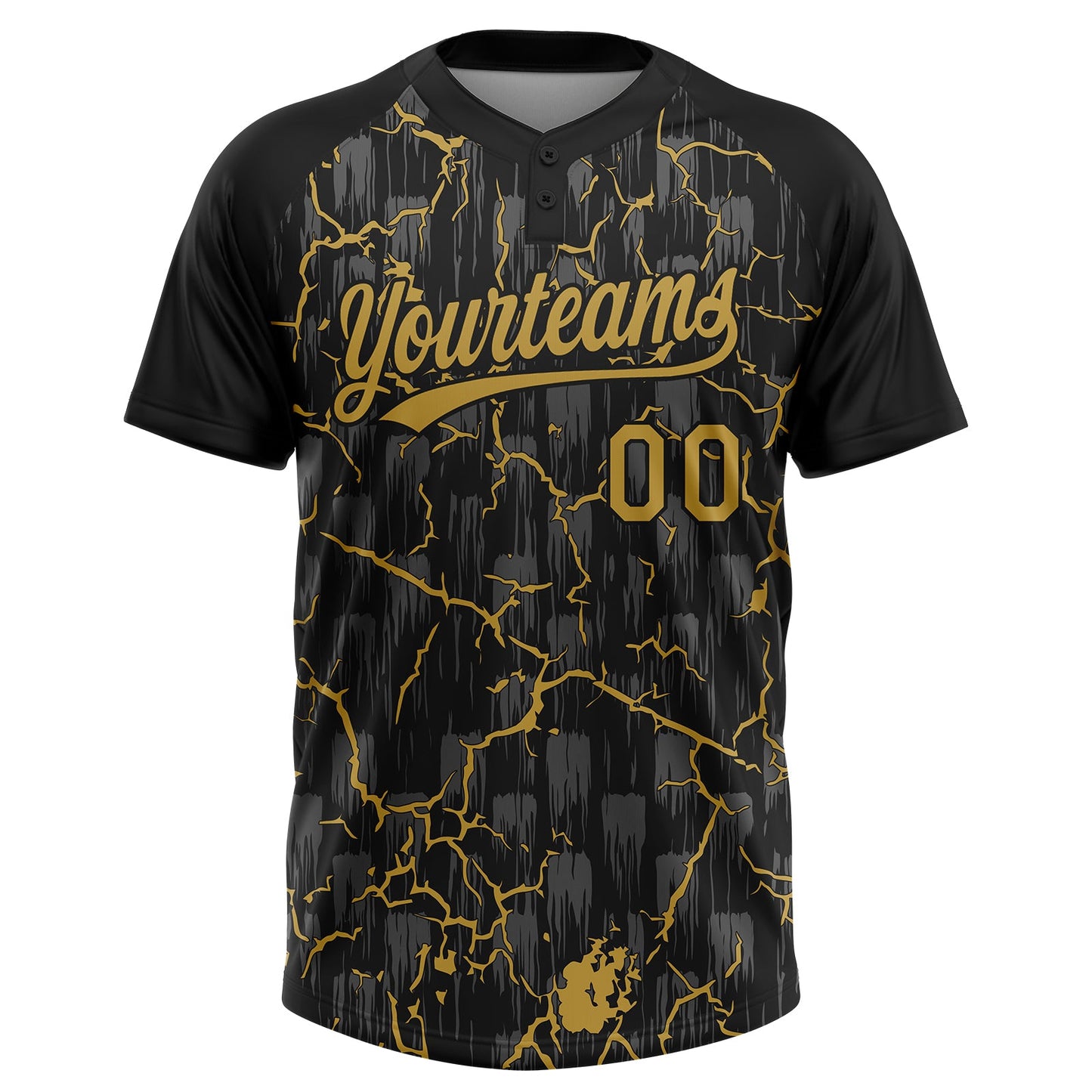 Custom Black Old Gold-Gray Raglan Sleeves Neon Lightning Crackle Two-Button Unisex Softball Jersey