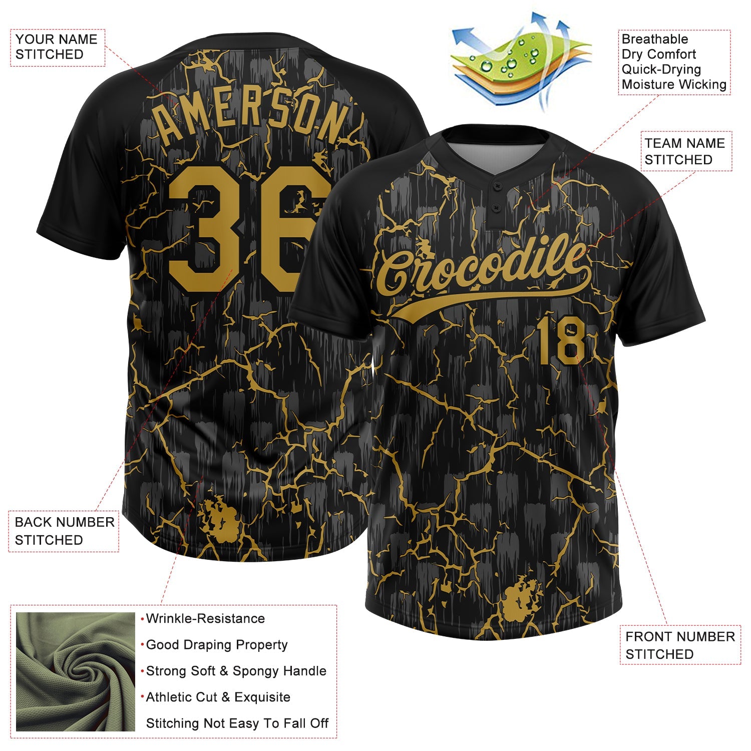 Custom Black Old Gold-Gray Raglan Sleeves Neon Lightning Crackle Two-Button Unisex Softball Jersey