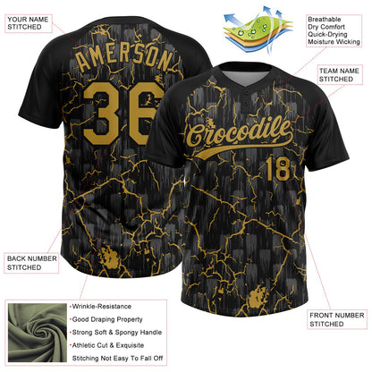 Custom Black Old Gold-Gray Raglan Sleeves Neon Lightning Crackle Two-Button Unisex Softball Jersey