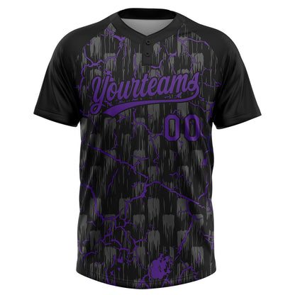 Custom Black Purple-Gray Raglan Sleeves Neon Lightning Crackle Two-Button Unisex Softball Jersey
