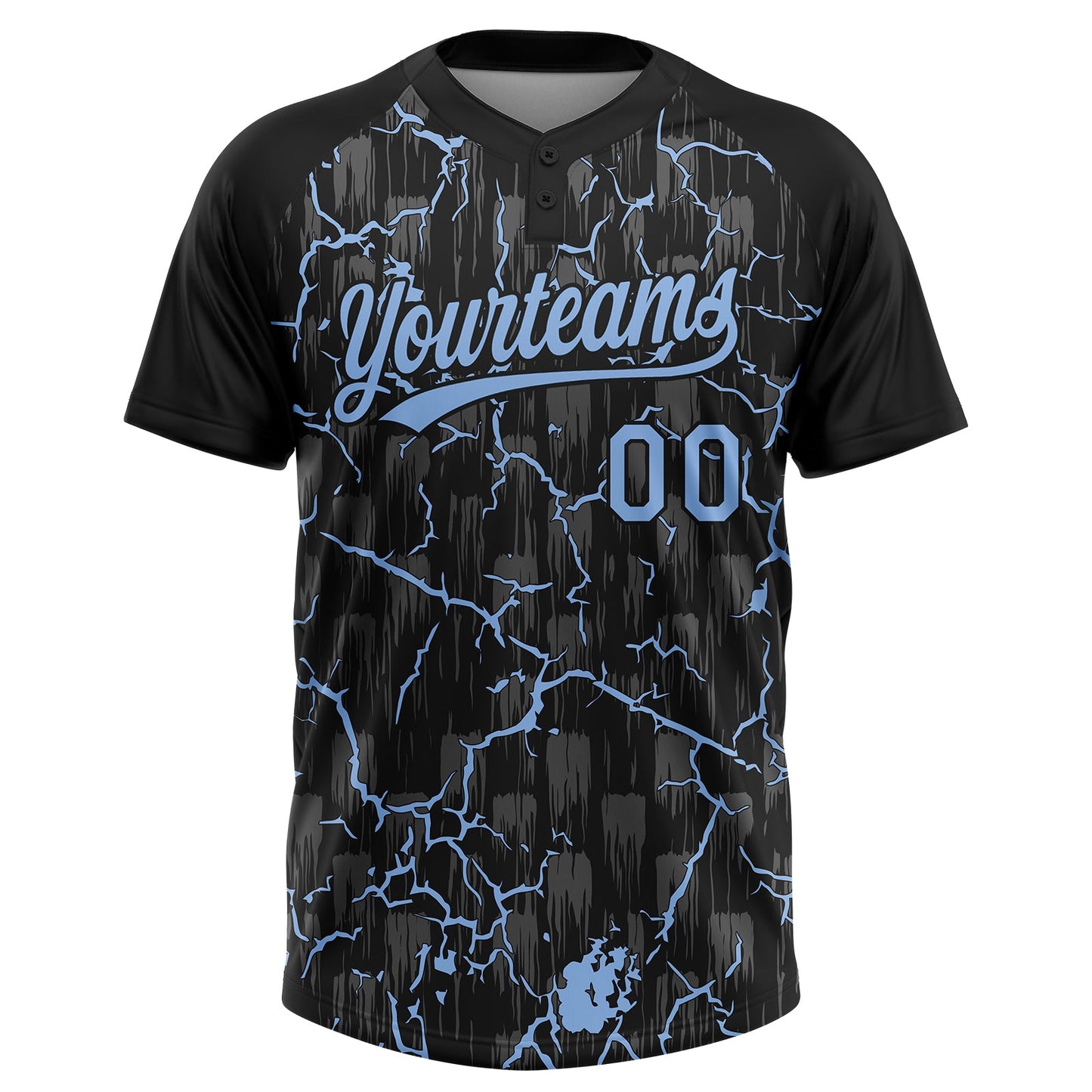Custom Black Light Blue-Gray Raglan Sleeves Neon Lightning Crackle Two-Button Unisex Softball Jersey