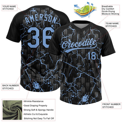 Custom Black Light Blue-Gray Raglan Sleeves Neon Lightning Crackle Two-Button Unisex Softball Jersey