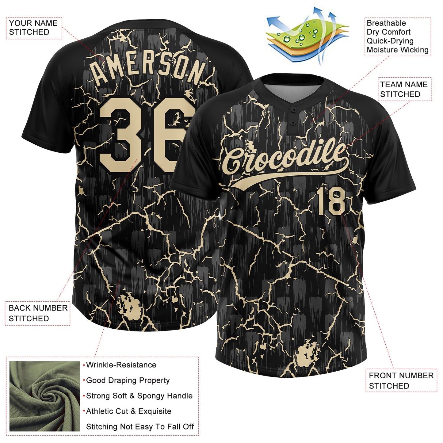 Custom Black Cream Cream-Gray Raglan Sleeves Neon Lightning Crackle Two-Button Unisex Softball Jersey