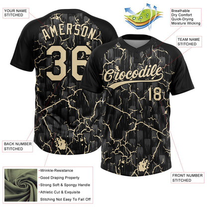 Custom Black Cream Cream-Gray Raglan Sleeves Neon Lightning Crackle Two-Button Unisex Softball Jersey
