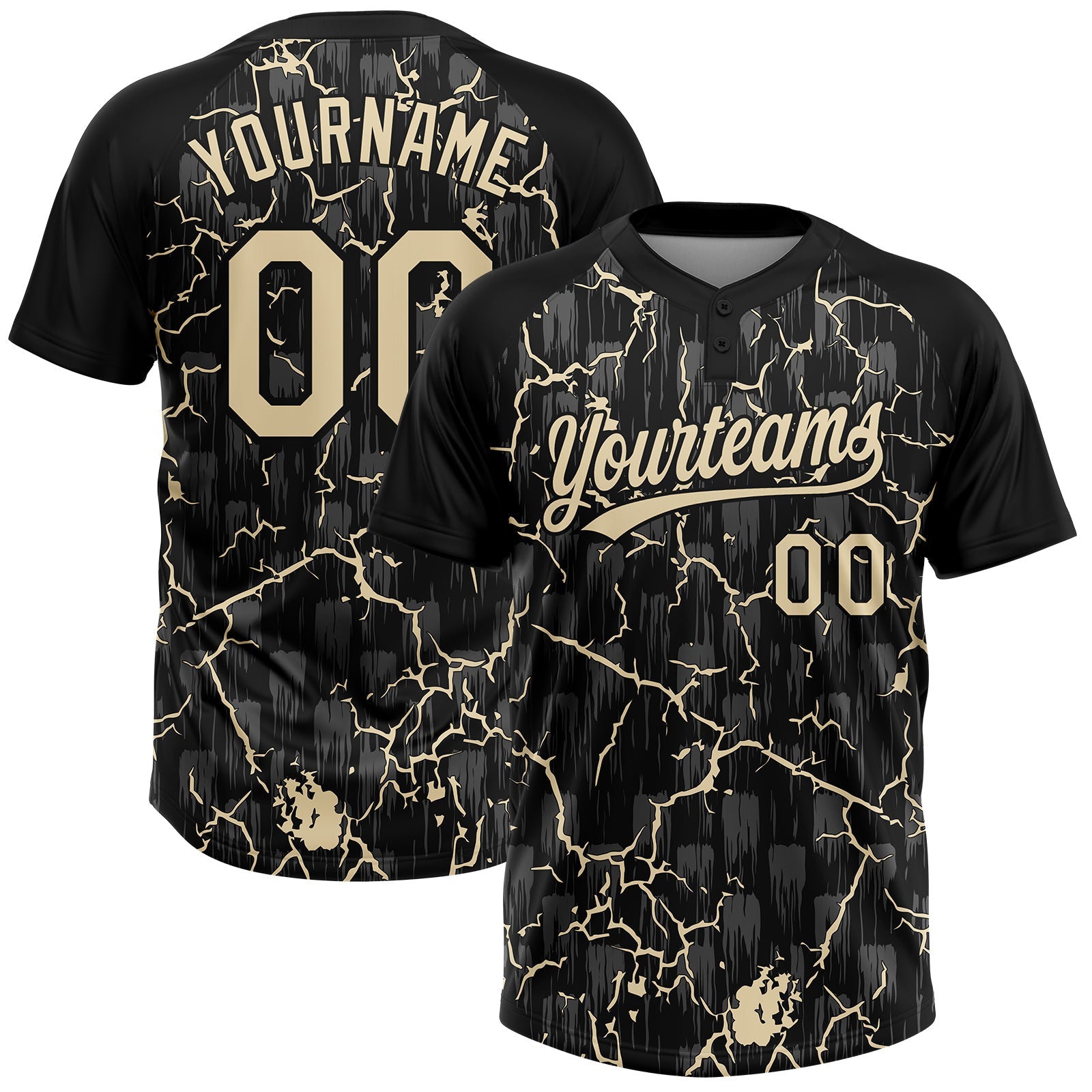 Custom Black Cream Cream-Gray Raglan Sleeves Neon Lightning Crackle Two-Button Unisex Softball Jersey