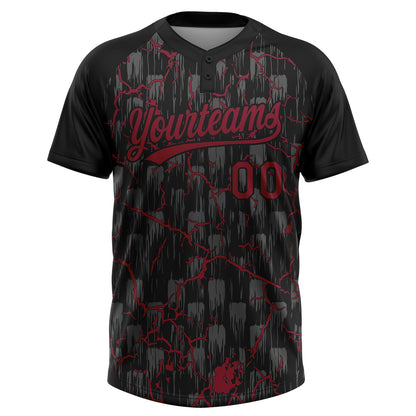 Custom Black Crimson-Gray Raglan Sleeves Neon Lightning Crackle Two-Button Unisex Softball Jersey