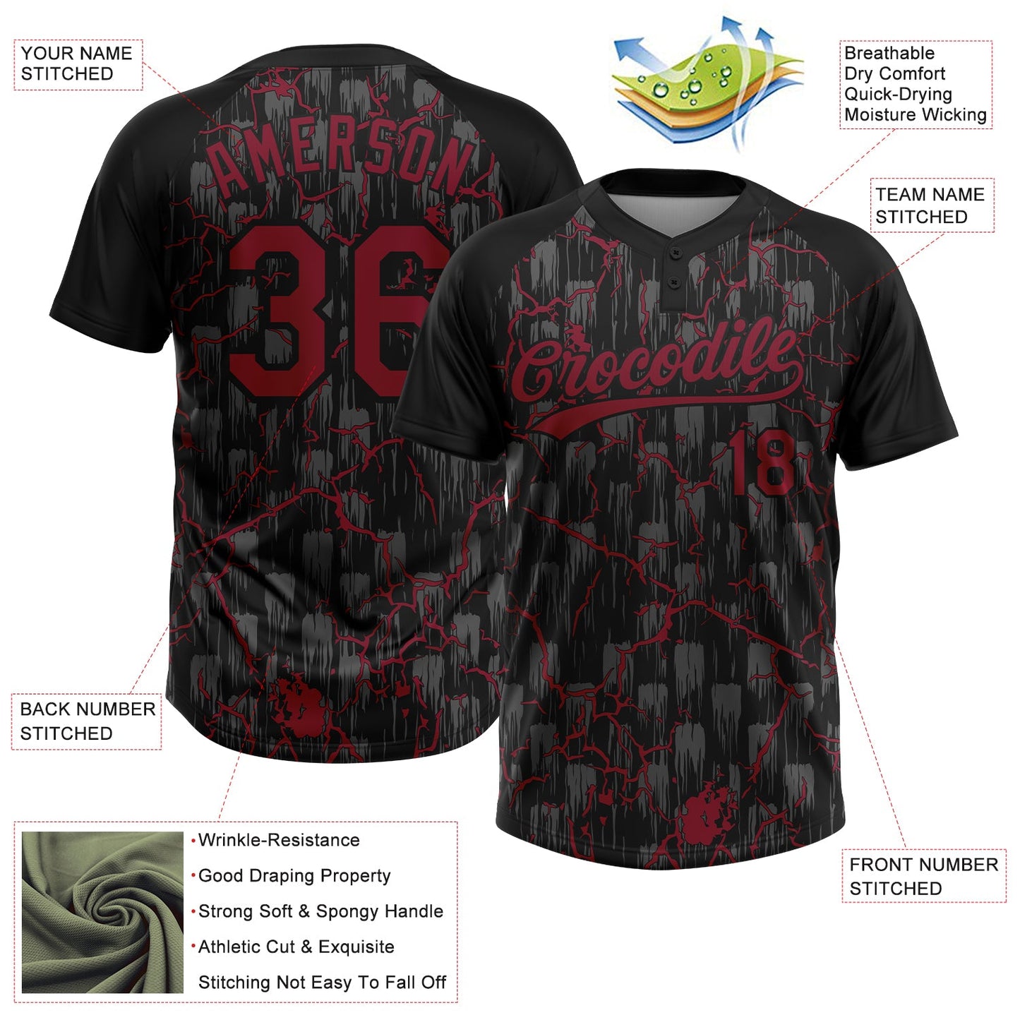 Custom Black Crimson-Gray Raglan Sleeves Neon Lightning Crackle Two-Button Unisex Softball Jersey