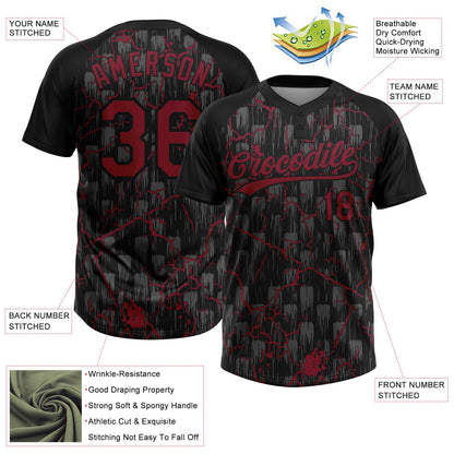 Custom Black Crimson-Gray Raglan Sleeves Neon Lightning Crackle Two-Button Unisex Softball Jersey