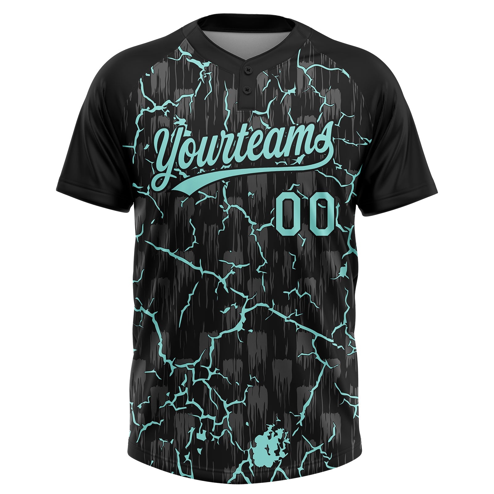 Custom Black Ice Blue-Gray Raglan Sleeves Neon Lightning Crackle Two-Button Unisex Softball Jersey