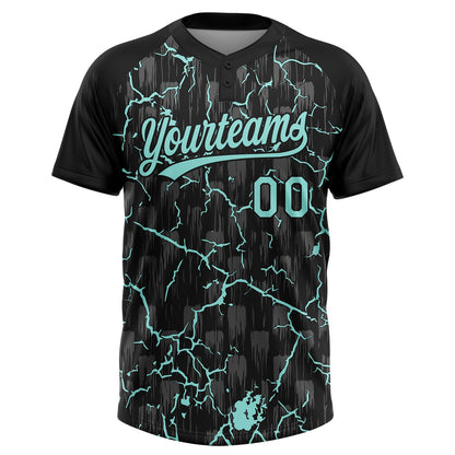 Custom Black Ice Blue-Gray Raglan Sleeves Neon Lightning Crackle Two-Button Unisex Softball Jersey