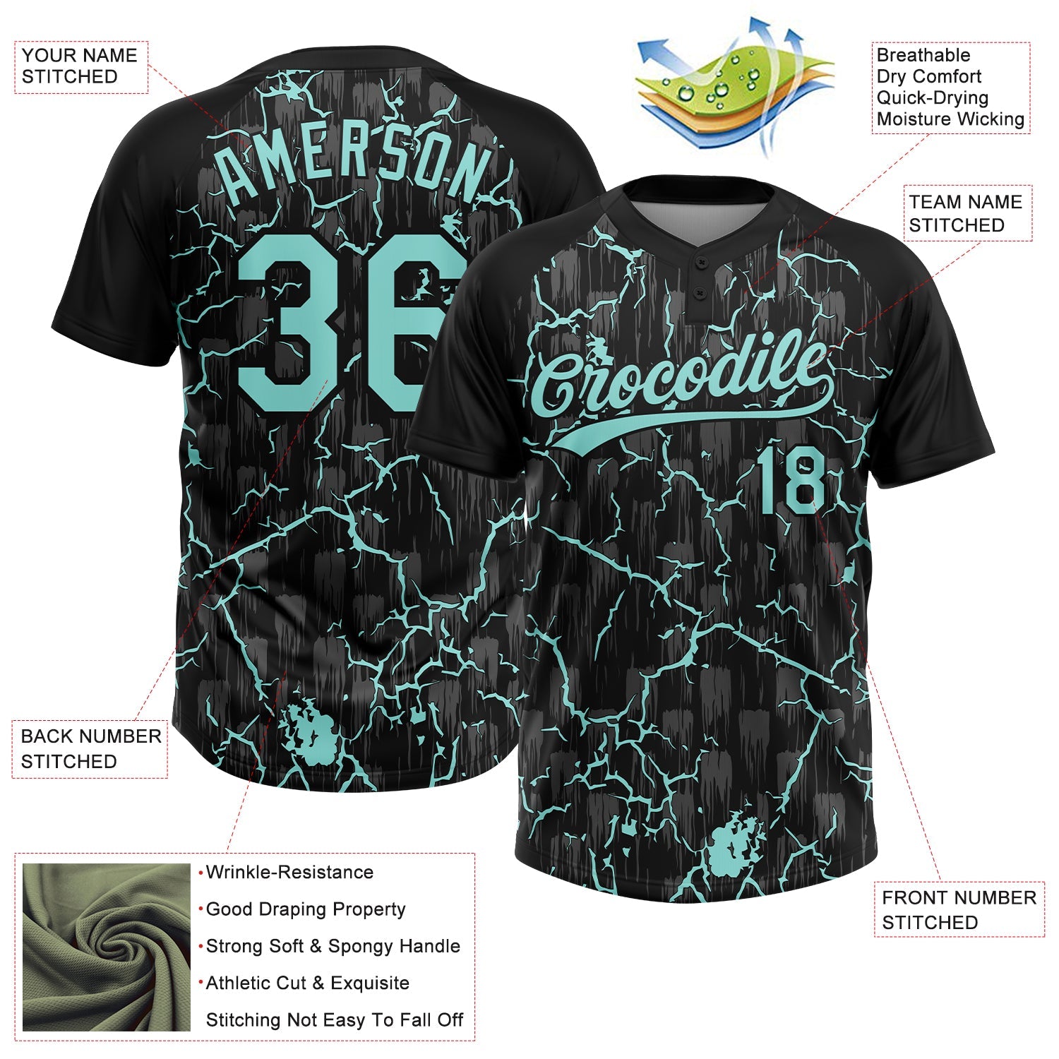 Custom Black Ice Blue-Gray Raglan Sleeves Neon Lightning Crackle Two-Button Unisex Softball Jersey
