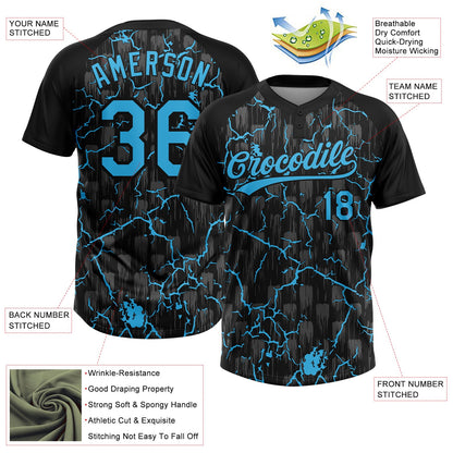 Custom Black Sky Blue-Gray Raglan Sleeves Neon Lightning Crackle Two-Button Unisex Softball Jersey