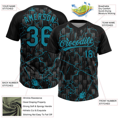 Custom Black Teal-Gray Raglan Sleeves Neon Lightning Crackle Two-Button Unisex Softball Jersey