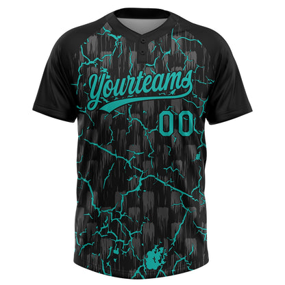 Custom Black Aqua-Gray Raglan Sleeves Neon Lightning Crackle Two-Button Unisex Softball Jersey