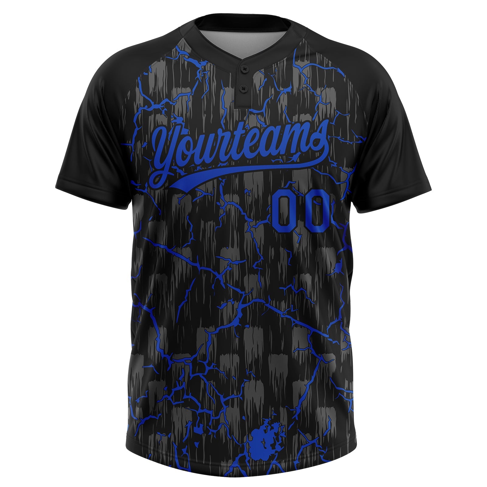 Custom Black Thunder Blue-Gray Raglan Sleeves Neon Lightning Crackle Two-Button Unisex Softball Jersey