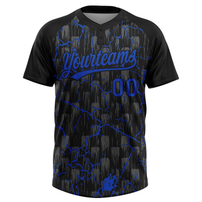 Custom Black Thunder Blue-Gray Raglan Sleeves Neon Lightning Crackle Two-Button Unisex Softball Jersey