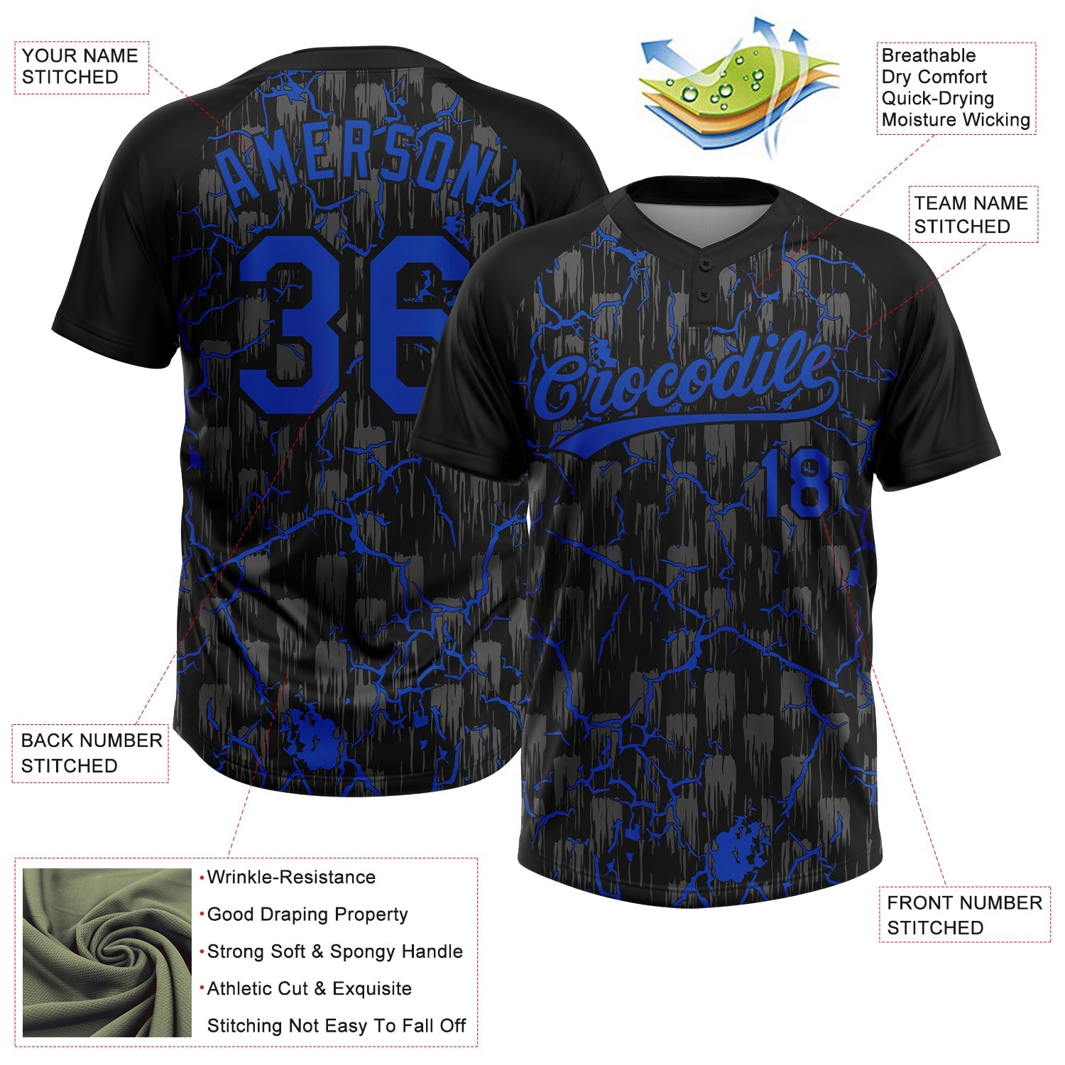 Custom Black Thunder Blue-Gray Raglan Sleeves Neon Lightning Crackle Two-Button Unisex Softball Jersey