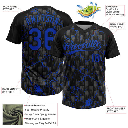 Custom Black Thunder Blue-Gray Raglan Sleeves Neon Lightning Crackle Two-Button Unisex Softball Jersey