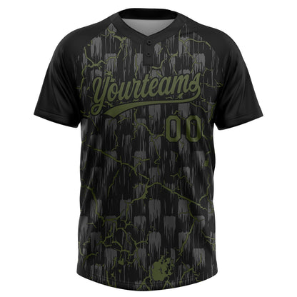 Custom Black Olive-Gray Raglan Sleeves Neon Lightning Crackle Two-Button Unisex Softball Jersey
