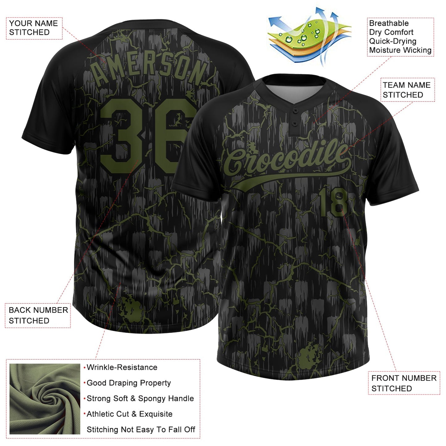Custom Black Olive-Gray Raglan Sleeves Neon Lightning Crackle Two-Button Unisex Softball Jersey