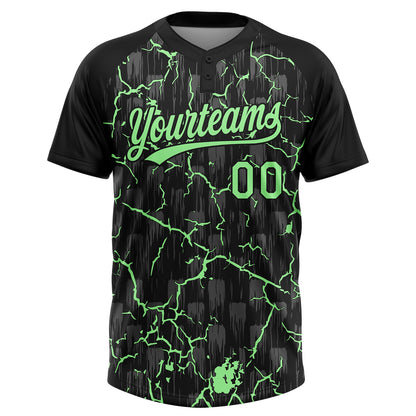 Custom Black Pea Green-Gray Raglan Sleeves Neon Lightning Crackle Two-Button Unisex Softball Jersey