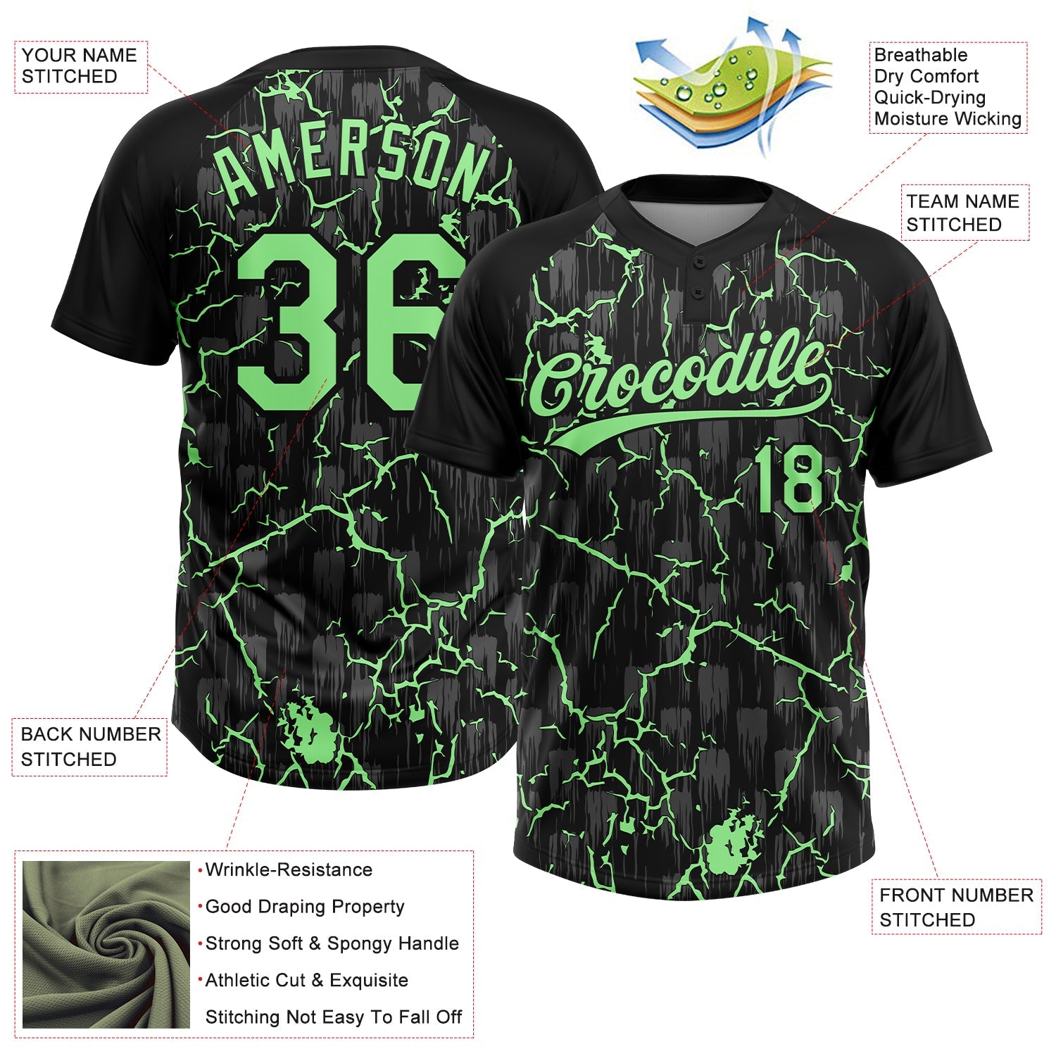 Custom Black Pea Green-Gray Raglan Sleeves Neon Lightning Crackle Two-Button Unisex Softball Jersey